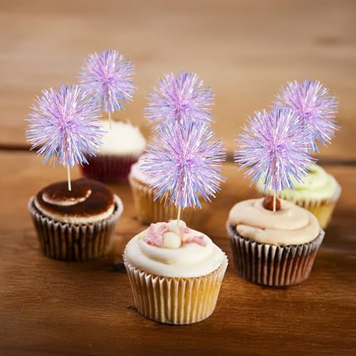30Pcs Foil Firework Cupcake Toppers Sparkle Tinsel Cake Toppers Tinsel Drink Cake Decoration Cocktail Picks for Birthday Wedding Graduation Party Supplies Laser Purple (30 Count)