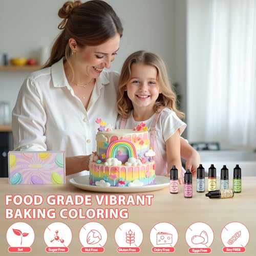 Food Coloring for Cake Decorating Macaron Edible Food Dye for Baking Royal Icing Cookie Supplies Gluten Free 7x12ml Food Grade Liquid Food Color Kits (2.8 Fl Oz)