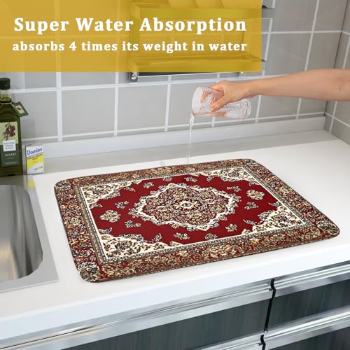 Vintage Boho Dish Drying Mat Antique Tribal Rustic Red Floral Dish Drainer Mats 18"x24" Ethnic Carpet Microfiber Reversible Dish Drying Rack Pad Protector for Kitchen Countertop Decor
