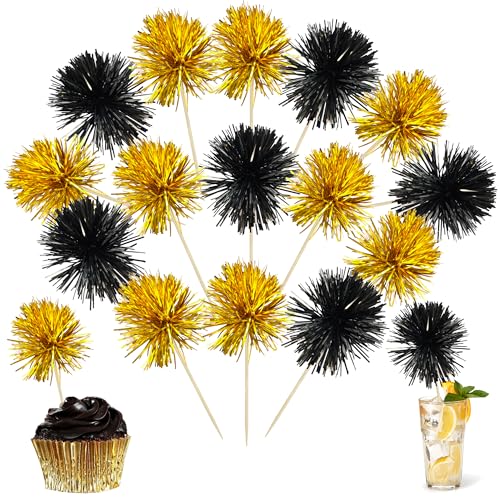 30Pcs Foil Firework Cupcake Toppers Sparkle Tinsel Cupcake Picks Happy Birthday Cake Decorations Drink Stirrers Cocktail Food Toothpicks for Baby Shower Graduation Party Supplies Black Gold (30 Count)