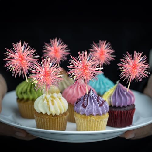 30Pcs Foil Firework Cupcake Toppers Sparkle Tinsel Cake Toppers Tinsel Drink Cake Decoration Cocktail Picks for Birthday Wedding Graduation Party Supplies Laser Orange (30 Count)