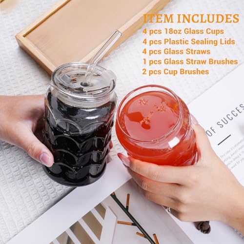 4 Pack 18oz Borosilicate Glass Cups with Leakproof Lids & Straws (18 Count)
