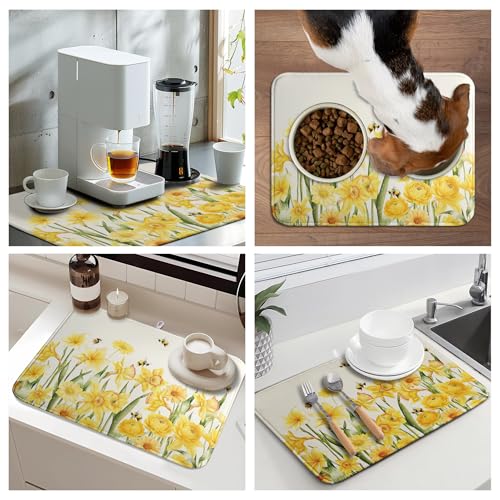 Spring Summer Daffodils Dish Drying Mats Spring Yellow Rose Dish Mat Drying Matt Floral Bee Dishes Dryer Pad for Kitchen Counter Absorbent Microfiber Washable Foldable Reusable 18x24 in
