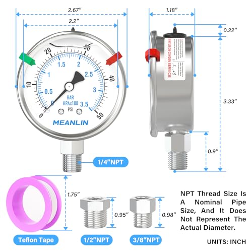 0~50Psi Stainless Steel Liquid Filled Pressure Gauge 2.5" FACE DIAL 1