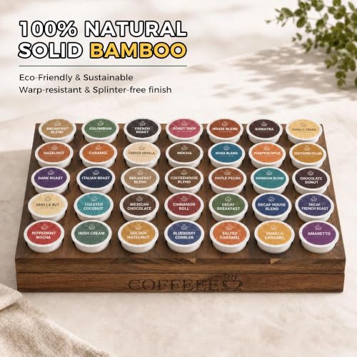 Bamboo K Cup Holder Drawer or Countertop K Cup Organizer Coffee Pod Holder Hold 35 Coffee Pod Storage Kcup Coffee Pods Holder for Coffee Station Office and Kitchen K Cup Storage