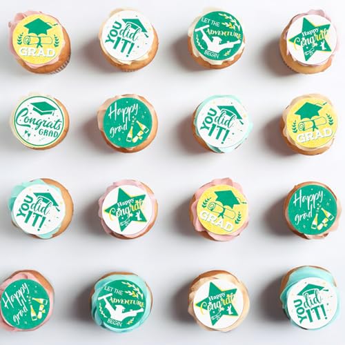 48Pcs 2026 Graduation Cupcake Toppers Wafer Paper Class of 2026 Cake Decorations Edible Congrats Grad Cupcake Picks for 2026 Graduation Theme Party Cake Supplies Green Gold (48 Count)