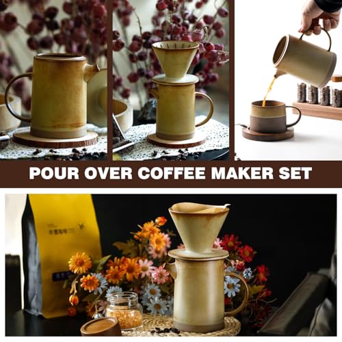 Pour Over Coffee Maker Set Vintage Ceramic Pour Over Coffee Dripper Set with 20 Count Paper Coffee Filters
