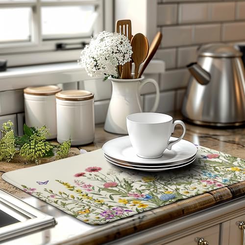Spring Dish Drying Mat Summer Floral Flowers Kitchen Dish Drying Pad Absorbent Dish Dryer Mat for Kitchen Countertops Microfiber Dishes Drainer Pad Dish Drying Rack Mat