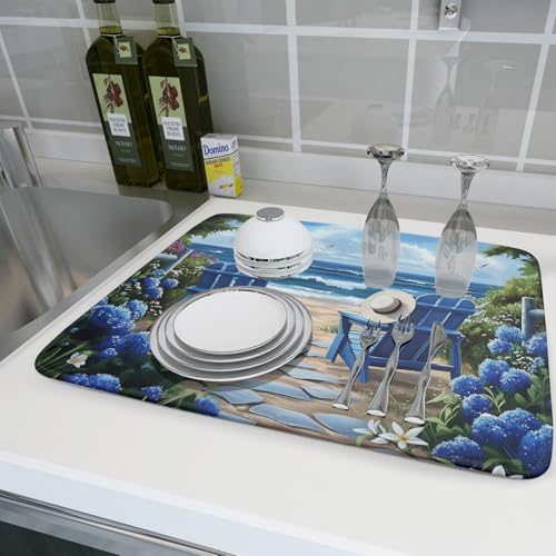 Summer Beach Chairs Dish Drying Mat Sea Wave Blue Floral Drying Mat fo Kitchen Counter 16”x18” Absorbent Reversible Kitchen Mat Non