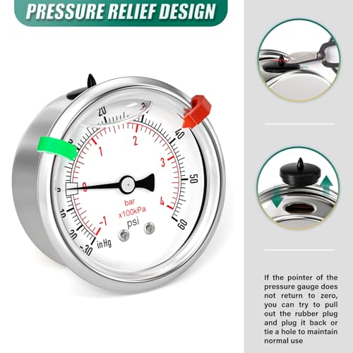 30inHG 60PSI Stainless Steel Glycerin Liquid Filled Vacuum Pressure Gauge 2.5" Dial Size
