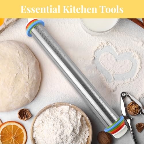 Adjustable Rolling Pin with 4 Thickness Rings for Baking