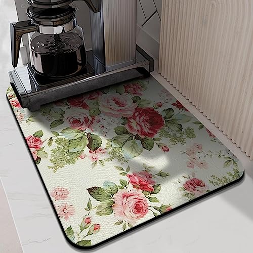 Rubber Dish Drying Mat for Kitchen Counter Large Red Roses Floral Washable Quick Home Coffee Pad Fit Under Sink