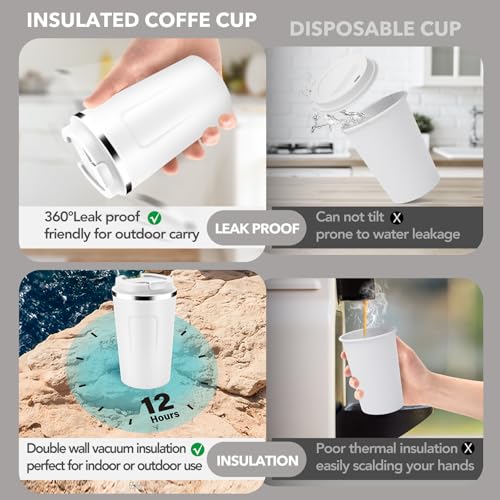 12 oz Double Wall Insulated Vacuum Travel Coffee Mugs with Flip Lid Bulk 2 Pack (2 Count)