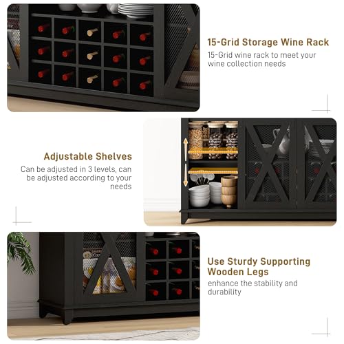 63"Wide 58"H Farmhouse Coffee Bar Cabinet with Power Outlet and LED Light