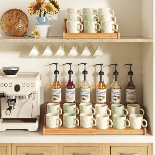 3 Tier Expandable Bamboo Mug Holder For Countertop Coffee Cup Holder Display Mug Organizer Mug Rack for Coffee Bar Organizer Mug Shelf for Cabinet for Kitchen (16 Ounce)