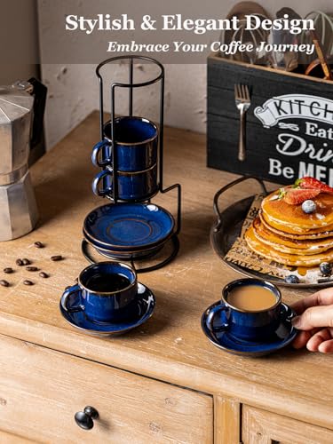 2.5oz Espresso Cups Set of 4 with Saucers Metal Rack (8.25 Count)