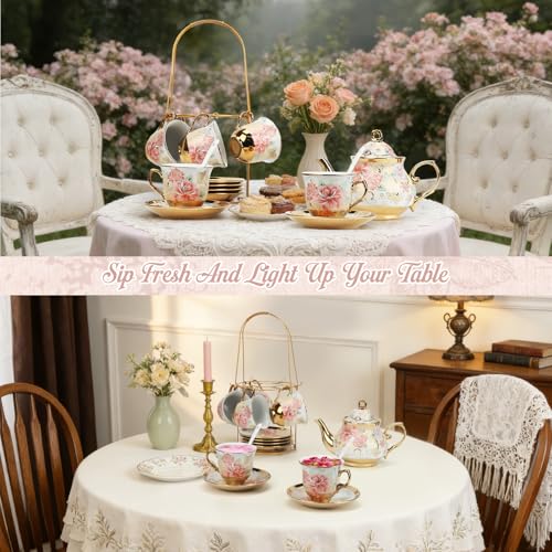 20 Pcs Porcelain Tea Set with Metal Holder (20 Count)