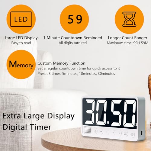 Digital Kitchen Timer with Extra Large LED Display Black