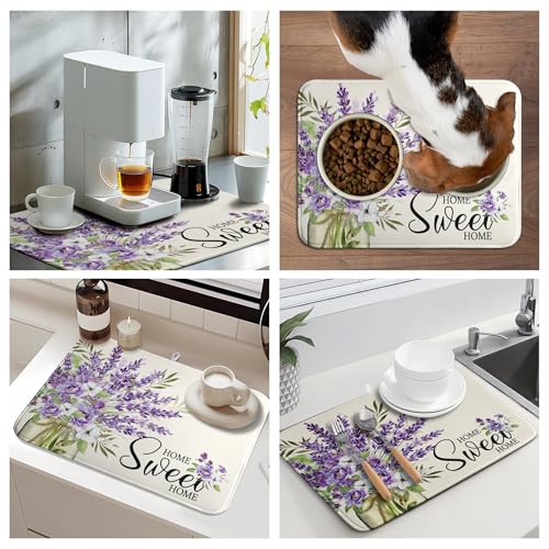 Spring Lavender Floral Dish Drying Mats Spring Summer Dish Mat Purple Flowers Butterfly Drying Matt Dishes Dryer Pad for Kitchen Counter Absorbent Microfiber Washable Foldable Reusable 18x24 in