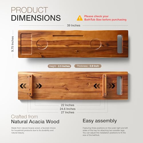 39" L Acacia Wood Bathtub Tray with Adjustable Width & Phone Slots