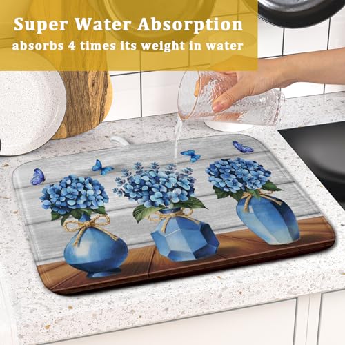 Blue Hydrangea Dish Drying Mat for Kitchen Vintage Wood Board Floral Butterfly Dish Drainer Mats 16x18inch Rustic Flowers Dish Drying Rack Pad Protector for Countertop Dining Decor
