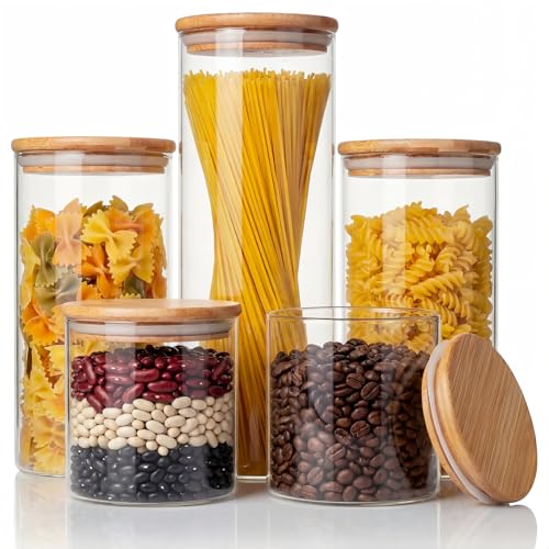 Round Glass Storage Containers with Bamboo Lids for Pasta & Flour (5 Count)