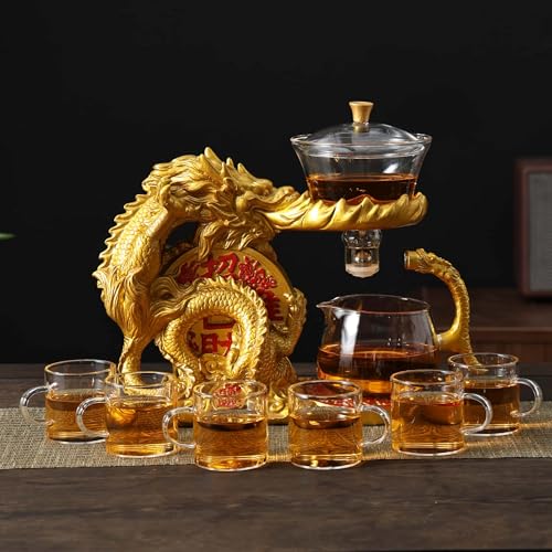 Glass Teapot Set with Infuser Semi Automatic Dragon Tea Set with 6 Small Cups