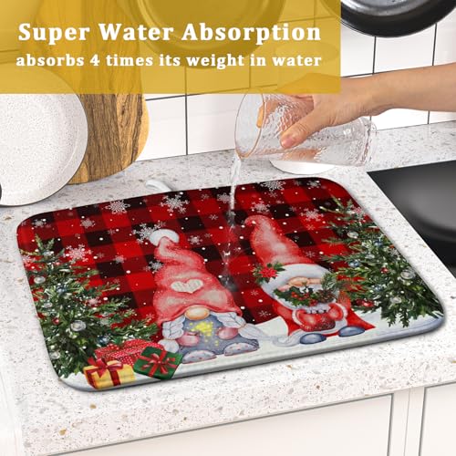 Winter Gnome Dish Drying Mat 16x18 inch Christmas Elf Trees Snowflakes Dish Drainer Mats Black Red Buffalo Plaids Fast Drying Absorbent Dish Drying Pad for Kitchen Countertop Holiday Decor