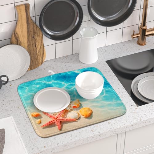 Coastal Starfish Dish Drying Mat 16"x18" Ocean Blue Sea Coral Seashell Dish Drainer Mats Nautical Beach Themed Decorative Reversible Dish Drying Pad for Kitchen Countertop Dining Room
