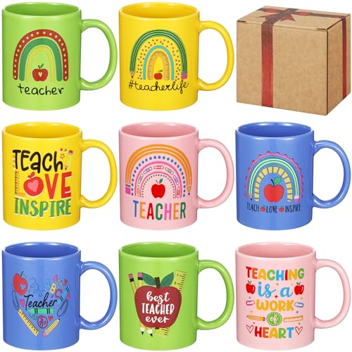8 Pcs 12 oz Teacher Coffee Mugs Gifts Set with Handle Ceramic Matching Cups for Staff Home School Office Table Centerpieces Housewarming Holiday Party (8 Count)
