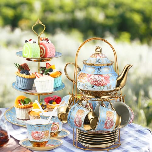 21 Pcs Porcelain Tea Set for Women Tea Party with Metal Holder and 3 Tier Cake Stand Ceramic European Floral Teapot Set for Adults Mother's Day Christmas Thoughtful Gift