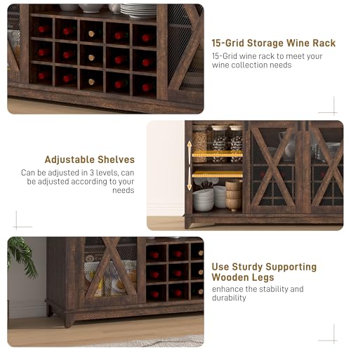 63"Wide 58"H Farmhouse Coffee Bar Cabinet with Power Outlet and LED Light