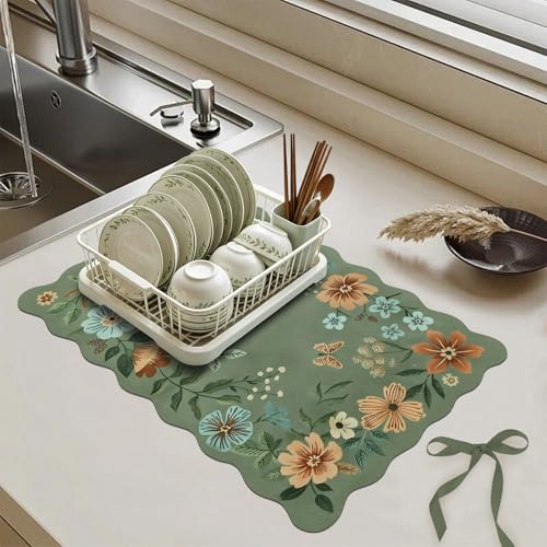 Scalloped Bohemian Boho Floral Flower Coffee Bar Mat Dish Drying Mats for Kitchen Counter
