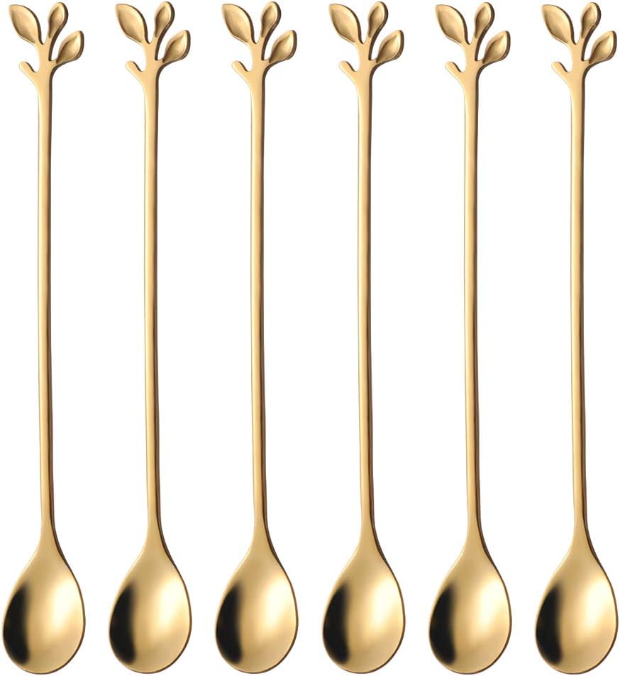 AnSaw 6-Piece Elegant Gold Leaf Long Handle Teaspoons - 7.4