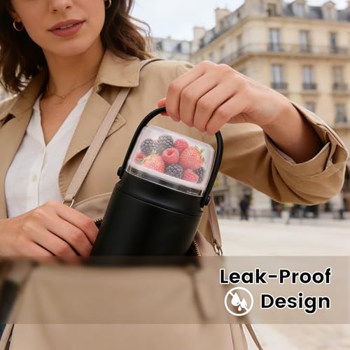 2-in-1 Thermos for Hot Food with Snack Box Container - 20oz Stainless Steel Insulated Food Container with Handle and Spoon, Leak Proof Bento Box Kids Adult for School Lunch Office