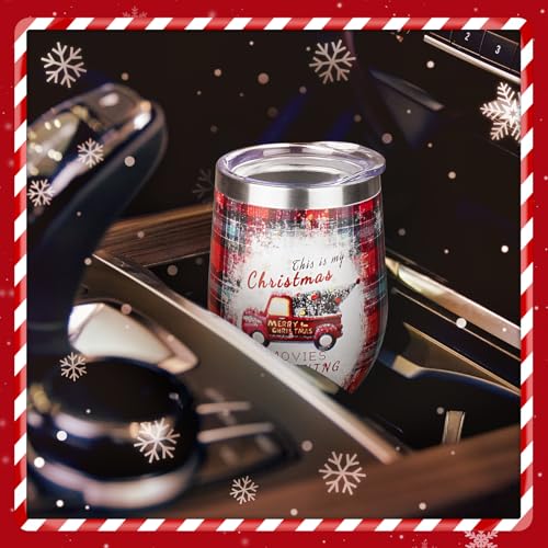 Christmas Wine Tumbler 12 oz Christmas Stainless Steel Wine Glass with Lid and Straw Stemless Double Wall Insulated Wine Cups Keeping Cold & Hot for Holiday Xmas Wedding Party Gifts