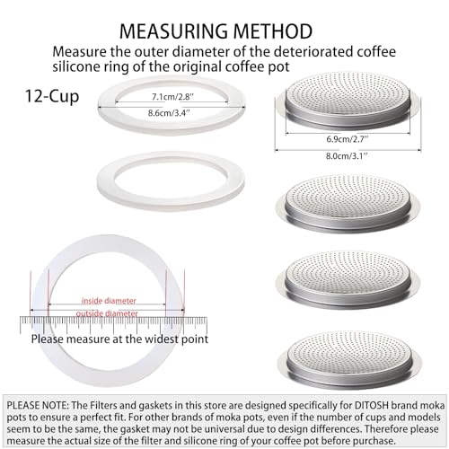 2 Pcs Filter with 3 Pcs Silicone Gasket Seals for 12 Cup Stovetop Espresso Coffee Maker Replacement Parts for Big Tummy and Straight Stainless Steel Moka Pot