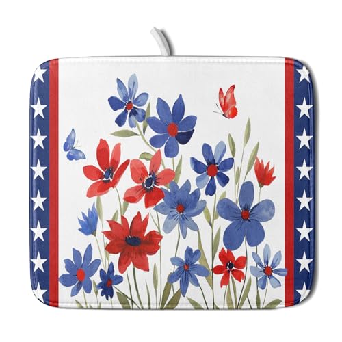 4th of July Flower Dish Drying Mat 16"x18" Independence Day Stars Dish Drainer Mats Watercolor Patriotic Floral Microfiber Dish Drying Rack Pad for Kitchen Countertop Decor