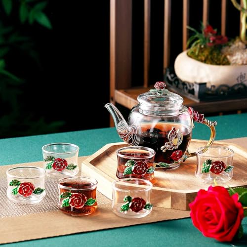 13 Pcs Glass Tea Set Rose Floral Vintage Teapot and Cups