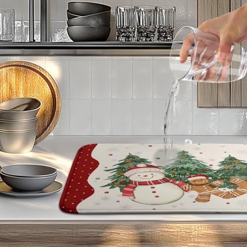 Winter Snowman Red Dish Drying Mats Christmas Gingerbread Man Dish Mat Drying Matt Xmas Tree Dishes Dryer Pad For Kitchen Counter Absorbent Microfiber Washable Foldable Reusable 18x24 In