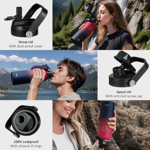 40 oz Insulated Water Bottle with Paracord Handle & Straw Spout Lids
