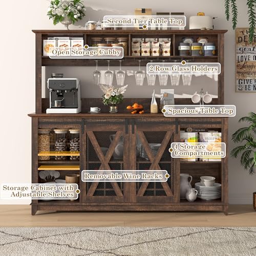 63"Wide 58"H Farmhouse Coffee Bar Cabinet with Power Outlet and LED Light