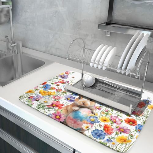 Spring Easter Rabbit Egg Dish Drying Mat for Kitchen Counter