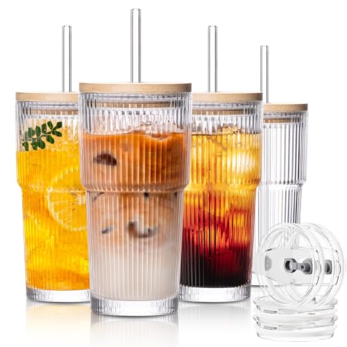 20oz Ribbed Glass Tumbler with bamboo Lid and Straw