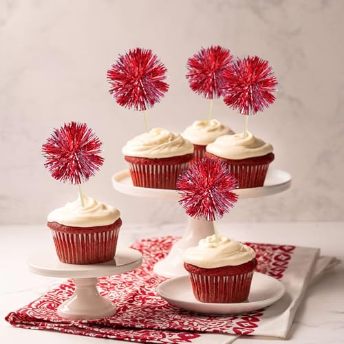 30Pcs Foil Firework Cupcake Toppers Sparkle Tinsel Cake Toppers Tinsel Drink Cake Decoration Cocktail Picks for Birthday Wedding Graduation Party Supplies Dark Red (30 Count)