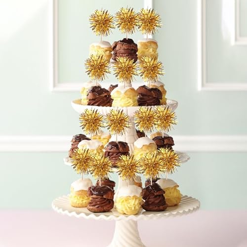 40 PCS Foil Firework Cupcake Toppers Fireworks Cupcake Picks Sparkle Tinsel Cake Decorations Cocktail Fruit Toothpick for Firework Theme Birthday Wedding Graduation Party Decorations Supplies Gold (40 Count)