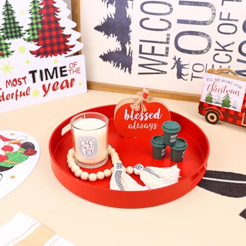 Round Red Decorative Serving Tray with Handles