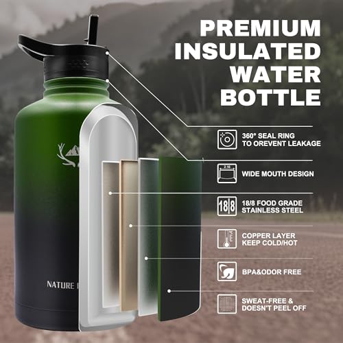 64 oz Insulated Water Bottle with Carrier Bag & 3 Lids