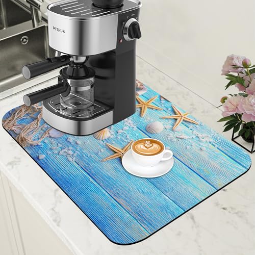 Summer Sea Shells Starfish Coffee Mat Absorbent Dish Drying Mat for Kitchen Counter Hide Stain Rubber Backed Coffee Bar Accessories 11.8 x 19.7 Inch Fit Under Espresso Machine