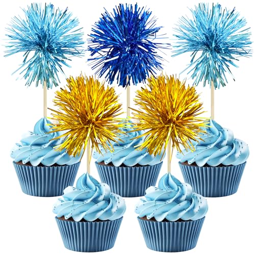 30Pcs Foil Firework Cupcake Toppers Sparkle Tinsel Cake Toppers Tinsel Drink Cake Decoration Cocktail Picks for Birthday Wedding Graduation Party Supplies Gold Light Dark Blue (30 Count)